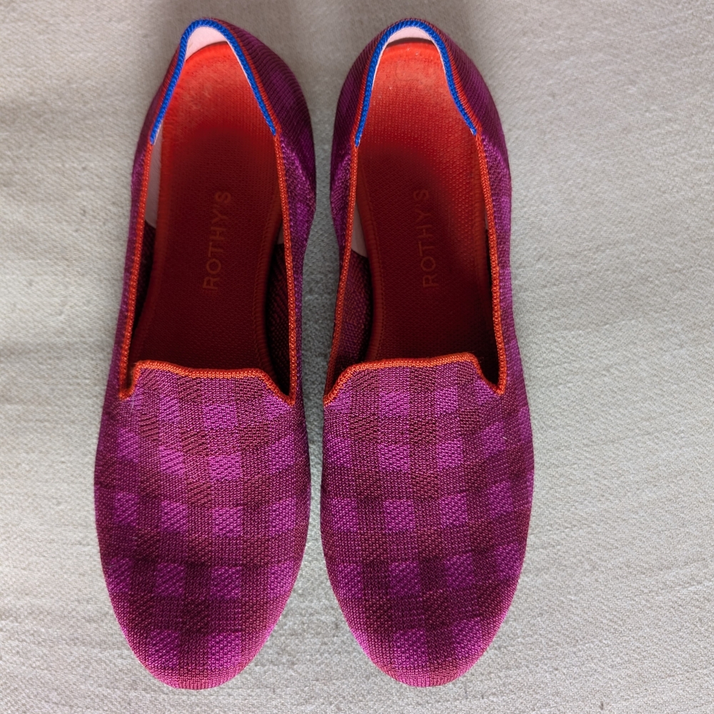 Rothy’s Cherry Gingham Knit Flats Purple Pink Slip-On